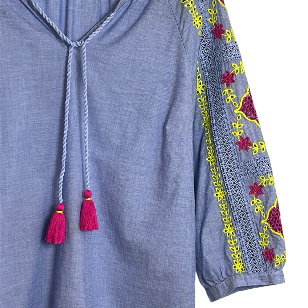 Talbots Light Blue Eyelet Embroidered 100% Cotton Peasant Blouse Top Size LP - Picture 3 of 10